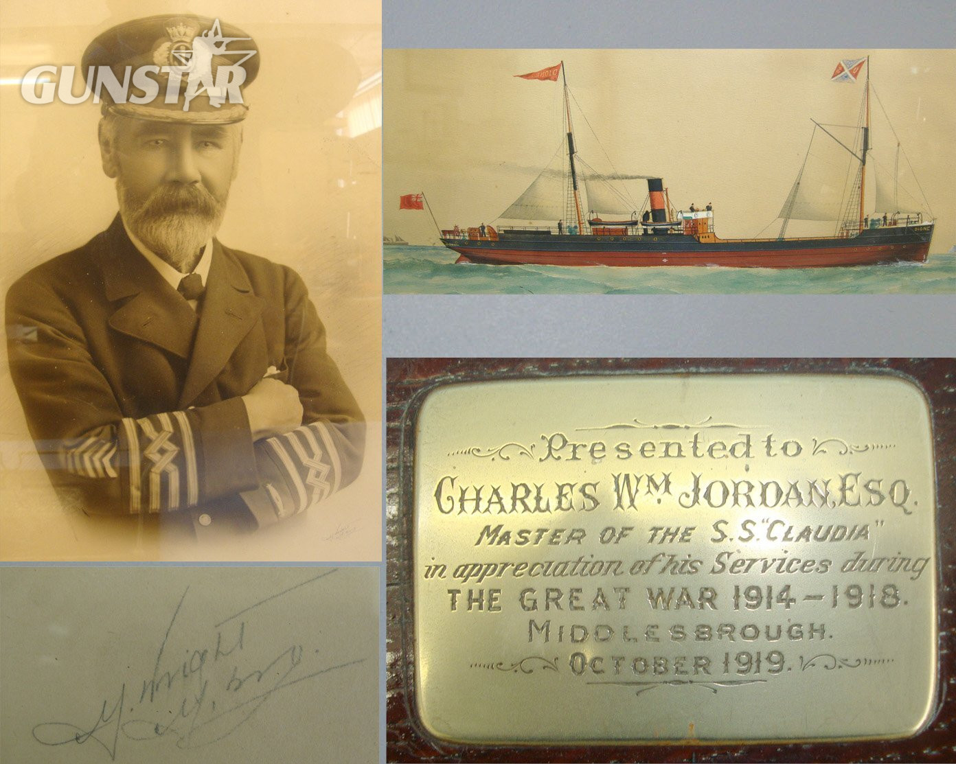 1919 Middlesbrough WW1 Service Presentation Tray With Engraved Plate To British Merchant Navy Ship SS Claudia Ship’s Master Charles William Jordan, With Glazed Framed Sepia Portrait of The Officer & Associated Period Glazed Framed Painting Of A Ship. MI  Antique & Militaria
