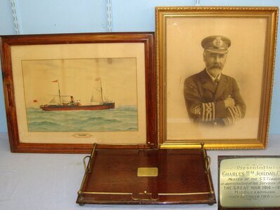 1919 Middlesbrough WW1 Service Presentation Tray With Engraved Plate To British Merchant Navy Ship SS Claudia Ship’s Master Charles William Jordan, With Glazed Framed Sepia Portrait of The Officer & Associated Period Glazed Framed Painting Of A Ship. MI  Antique & Militaria