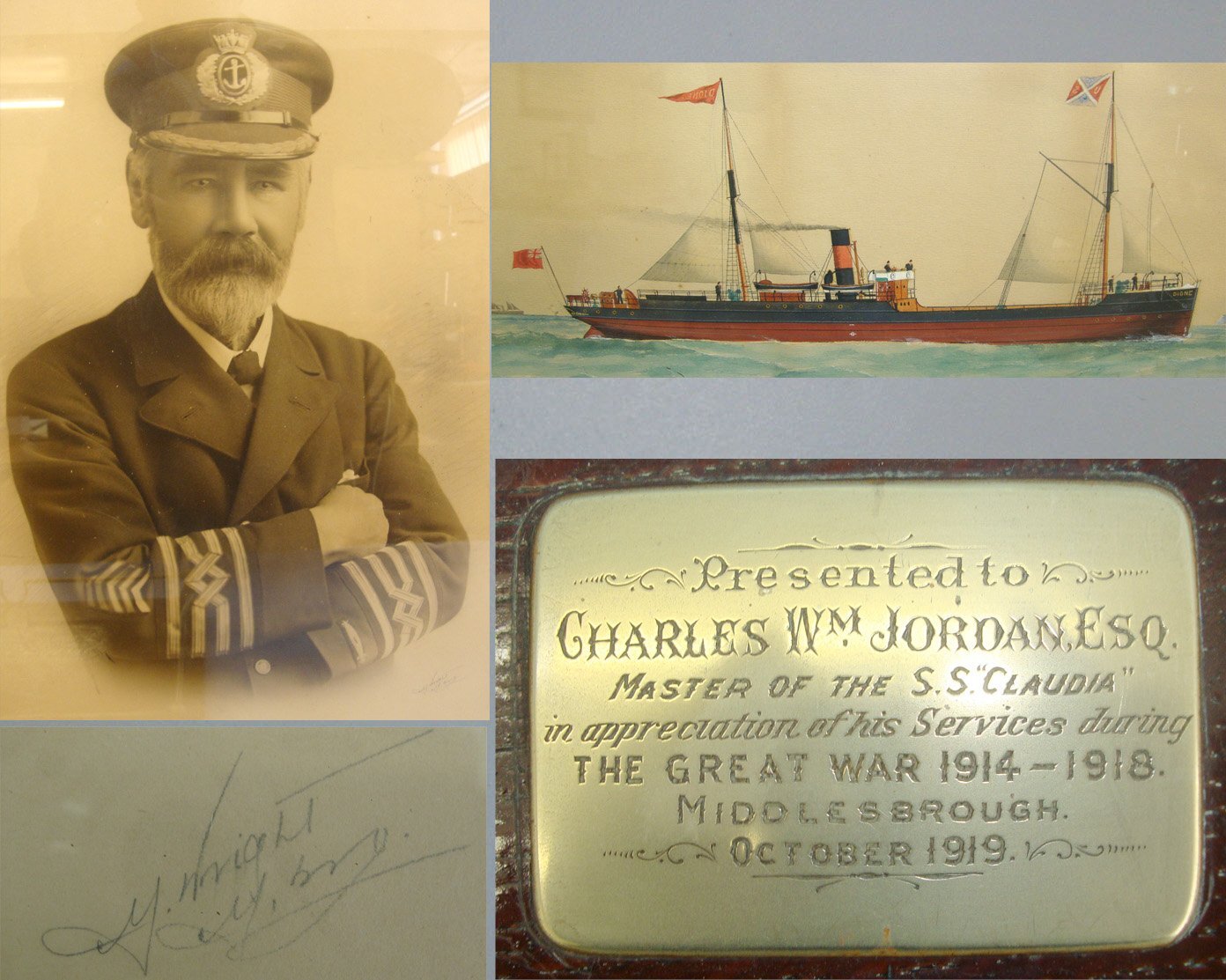 1919 Middlesbrough WW1 Service Presentation Tray With Engraved Plate To British Merchant Navy Ship SS Claudia Ship’s Master Charles William Jordan, With Glazed Framed Sepia Portrait of The Officer & Associated Period Glazed Framed Painting Of A Ship. MI  Antique & Militaria