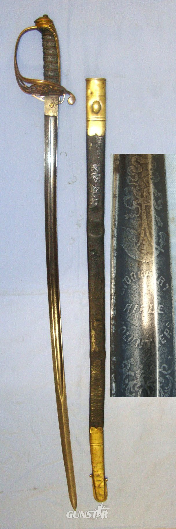 Post 1845 Victorian British Stockport Rifle Volunteers (Cheshire) 1822 Pattern Infantry Officer’s Sword With Etched & Blue Blade, Brass Gothic Style Pierced Basket Hilt & Scabbard. Sn 22426:58 Sword in 