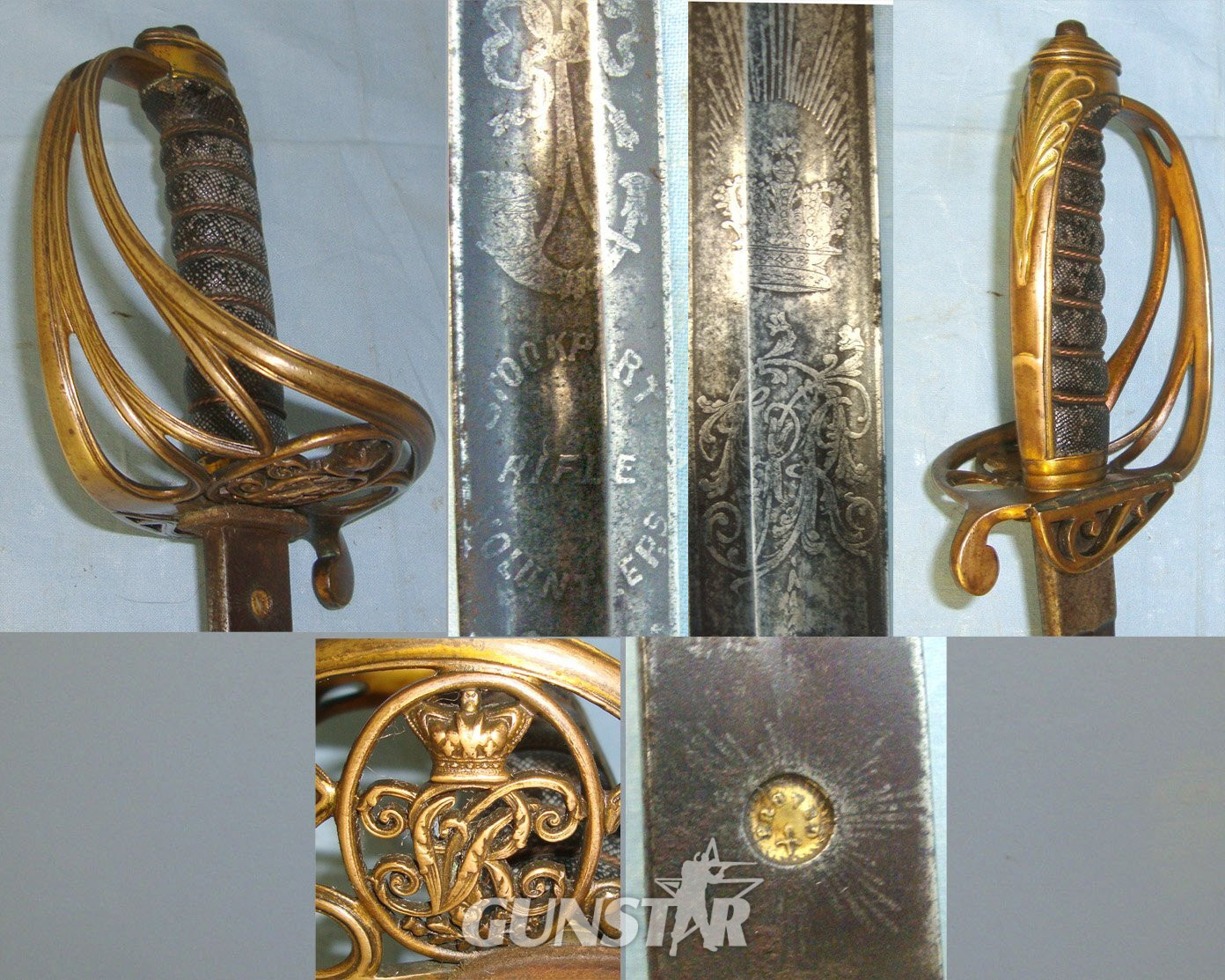 Post 1845 Victorian British Stockport Rifle Volunteers (Cheshire) 1822 Pattern Infantry Officer’s Sword With Etched & Blue Blade, Brass Gothic Style Pierced Basket Hilt & Scabbard. Sn 22426:58 Sword