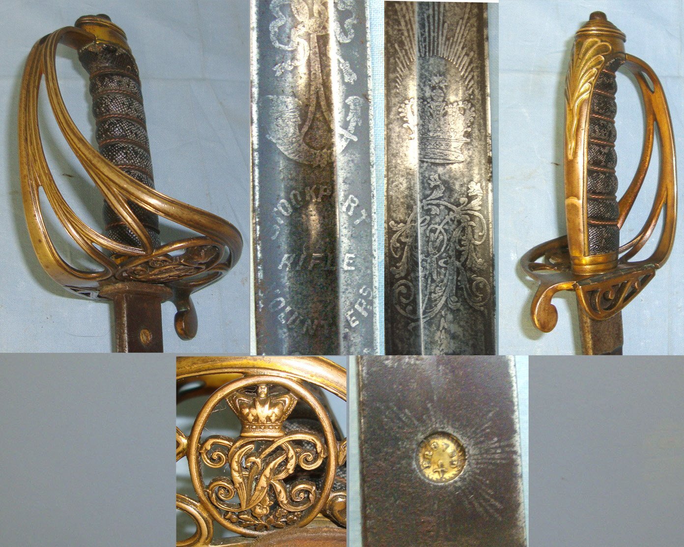 Post 1845 Victorian British Stockport Rifle Volunteers (Cheshire) 1822 Pattern Infantry Officer’s Sword With Etched & Blue Blade, Brass Gothic Style Pierced Basket Hilt & Scabbard. Sn 22426:58 Sword