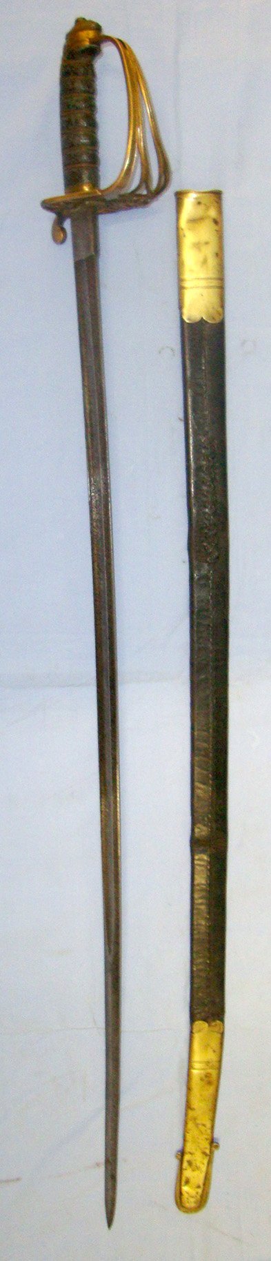  Post 1845 Victorian British Stockport Rifle Volunteers (Cheshire) 1822 Pattern Infantry Officer’s Sword With Etched & Blue Blade, Brass Gothic Style Pierced Basket Hilt & Scabbard. Sn 22426:58 Sword