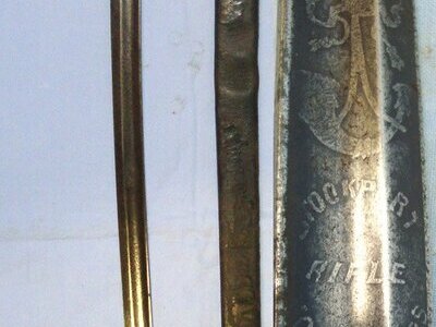 Post 1845 Victorian British Stockport Rifle Volunteers (Cheshire) 1822 Pattern Infantry Officer’s Sword With Etched & Blue Blade, Brass Gothic Style Pierced Basket Hilt & Scabbard. Sn 22426:58 Sword