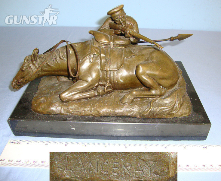 19th Century Imperial Russian Eugene Alexandrovich Lanceray Spelter Sculpture Of A Russian Soldier With A Rifle & Lance Behind His Fallen Horse After His Piece \"Soldat au Combat, Derriere Son Cheval\" On Solid Marble Base  Antique & Militaria in 
