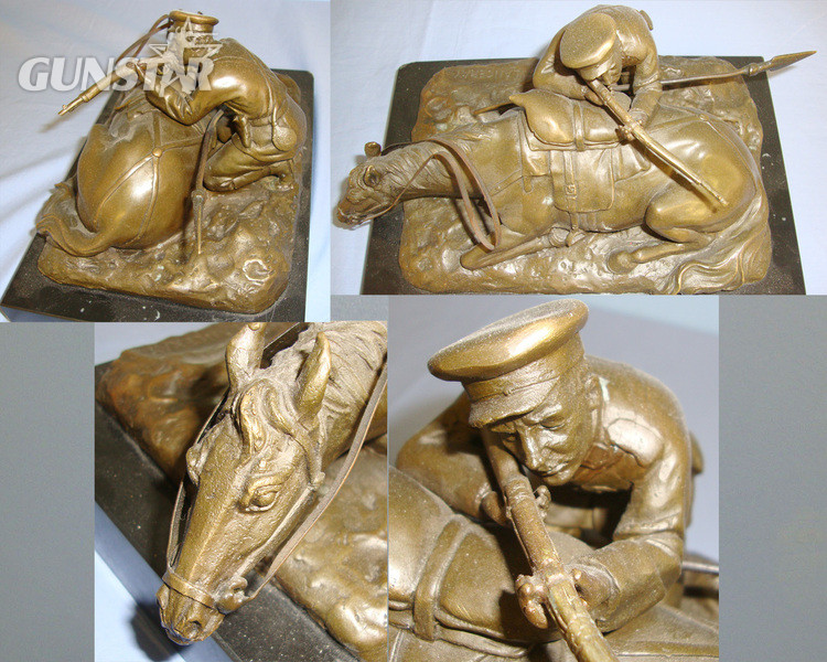 19th Century Imperial Russian Eugene Alexandrovich Lanceray Spelter Sculpture Of A Russian Soldier With A Rifle & Lance Behind His Fallen Horse After His Piece \"Soldat au Combat, Derriere Son Cheval\" On Solid Marble Base  Antique & Militaria