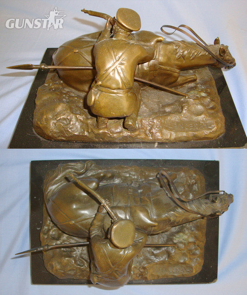  19th Century Imperial Russian Eugene Alexandrovich Lanceray Spelter Sculpture Of A Russian Soldier With A Rifle & Lance Behind His Fallen Horse After His Piece \"Soldat au Combat, Derriere Son Cheval\" On Solid Marble Base  Antique & Militaria