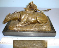 19th Century Imperial Russian Eugene Alexandrovich Lanceray Spelter Sculpture Of A Russian Soldier With A Rifle & Lance Behind His Fallen Horse After His Piece \"Soldat au Combat, Derriere Son Cheval\" On Solid Marble Base  Antique & Militaria