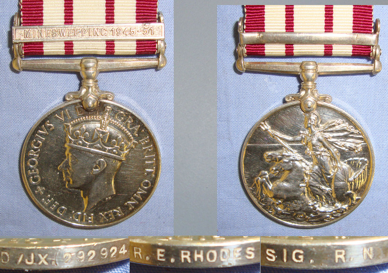 British Royal Navy 1915 To 1962 King’s Crown George VI Naval General Service Silver Medal (GSM) With ‘1945-1951 Minesweeping’ Clasp Awarded To D/JX 292924 Signaller R.E. Rhodes RN & Ribbon  Antique & Militaria