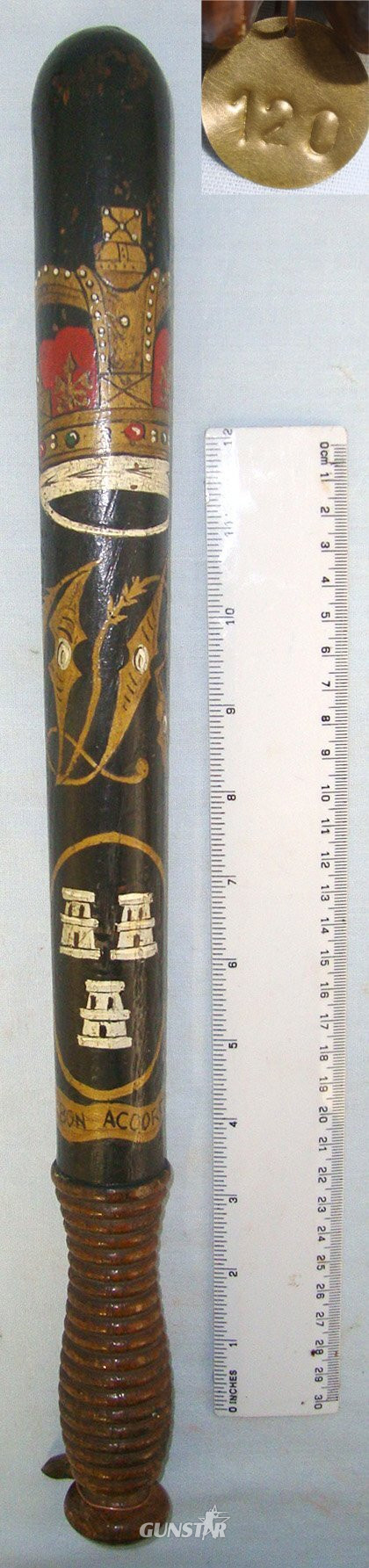 Victorian Era Scottish Aberdeen City Police Constabulary Queen’s Crown Hand Painted Decoration Ebonised Wood Police Truncheon With Collection Number Brass Tag 120 ** FROM THE GEORGE RALPH LEYLAND COLLECTION OF TRUNCHEONS & TIPSTAFFS** Sn 22811 Antique & Militaria in 