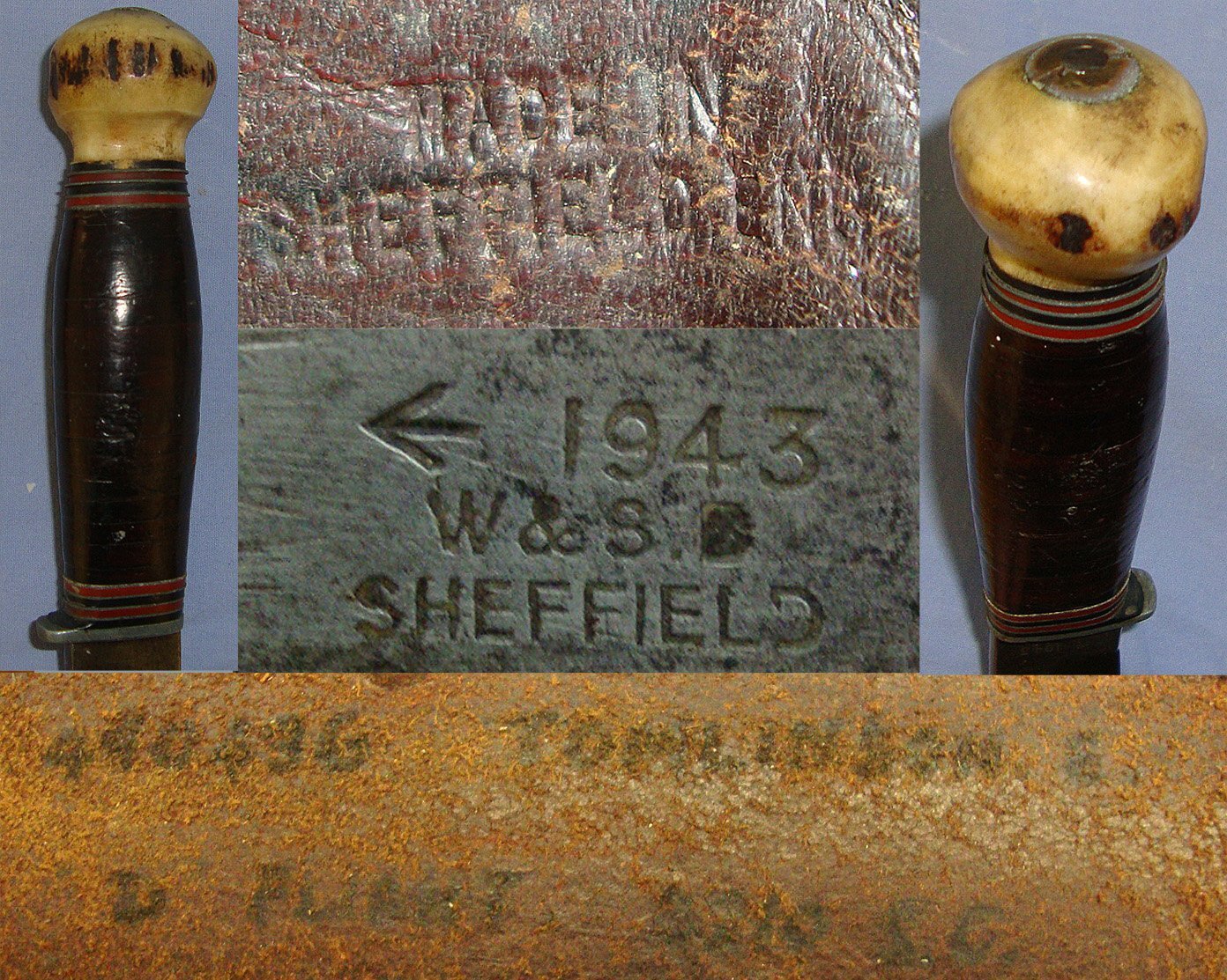 RARE**WW2 1943 British WD, W&SB (W&S Butcher), Sheffield, RAF Servicing Commando Fighting Knife With Correct Bone Pommel & Scabbard. Sn 23754 Knive