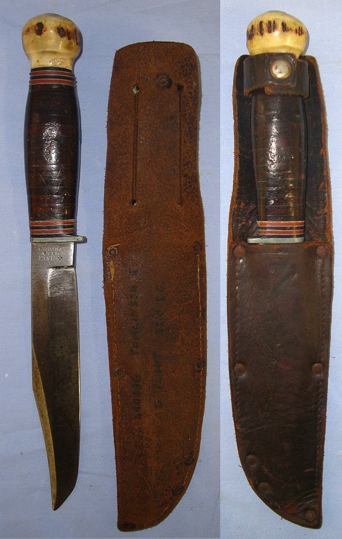  RARE**WW2 1943 British WD, W&SB (W&S Butcher), Sheffield, RAF Servicing Commando Fighting Knife With Correct Bone Pommel & Scabbard. Sn 23754 Knive