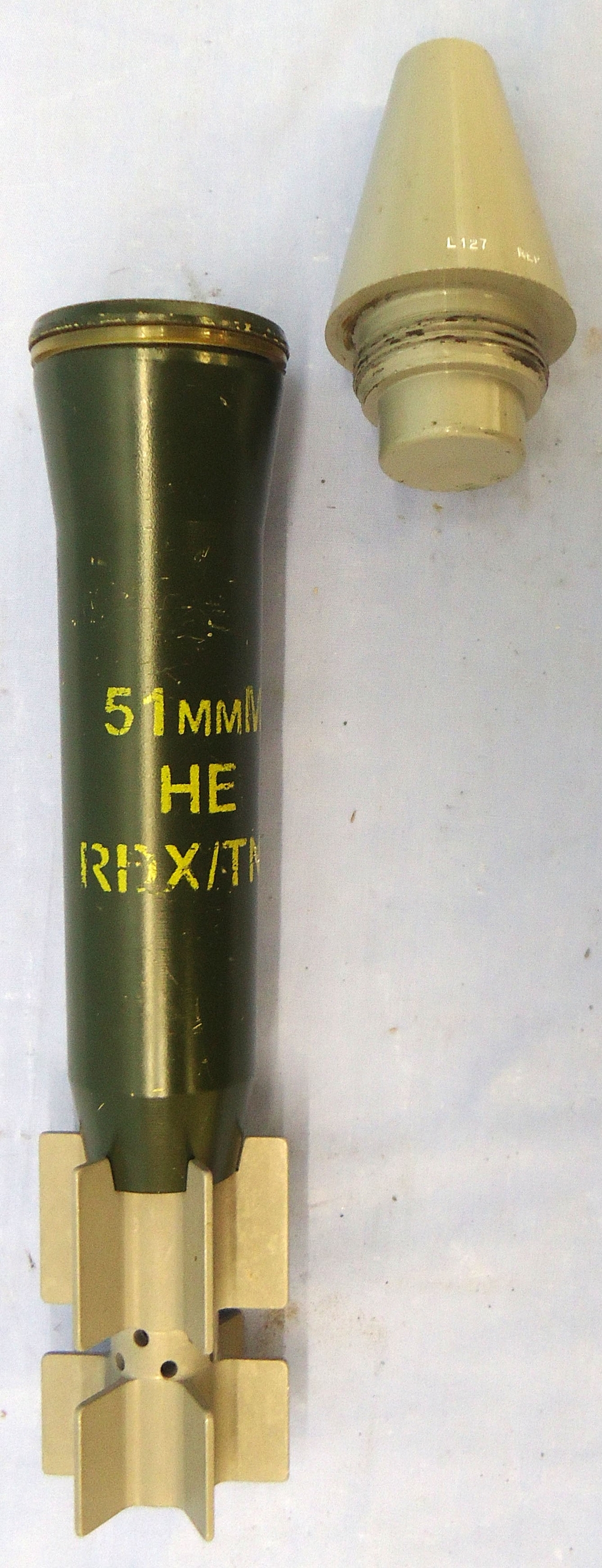 {CATEGORY} - INERT DEACTIVATED. MINT. ‘Royal Ordnance Inert Exhibit’ Unfired British 51MM High Explosive (HE) Mortar. - O 2044 INERT DEACTIVATED. MINT. ‘Royal Ordnance Inert Exhibit’ Unfired British 51MM High Explosive (HE) Mortar. - O 2044  Other Ammunition in 
