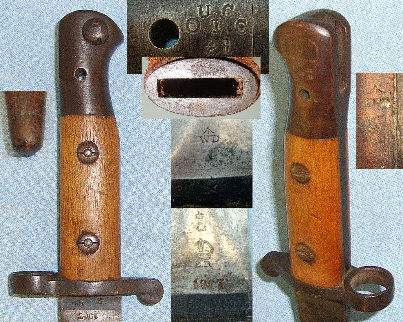1907 British WD 1903 Pattern Sword Bayonet To ‘U.C. O.T.C.’ (University College School Officer Training Corps) & Rare Land Pattern Scabbard With Integral Leather Frog. Sn 23397 Bayonet