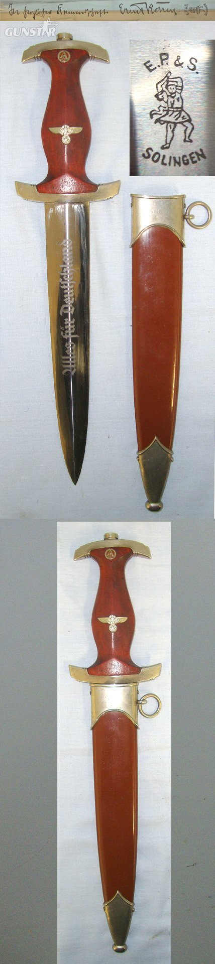 EXTREMELY RARE**FULL ROHM NAME & FRIENDSHIP MOTTO PRESENT**EARLY PRODUCTION**Nazi German 1933 Pattern SA Dagger By EP&S (Ernst Pack & Söhne) Solingen With Motto Etched Blade & Scabbard Inscribed 114/439. Sn 23257 Dagger in 