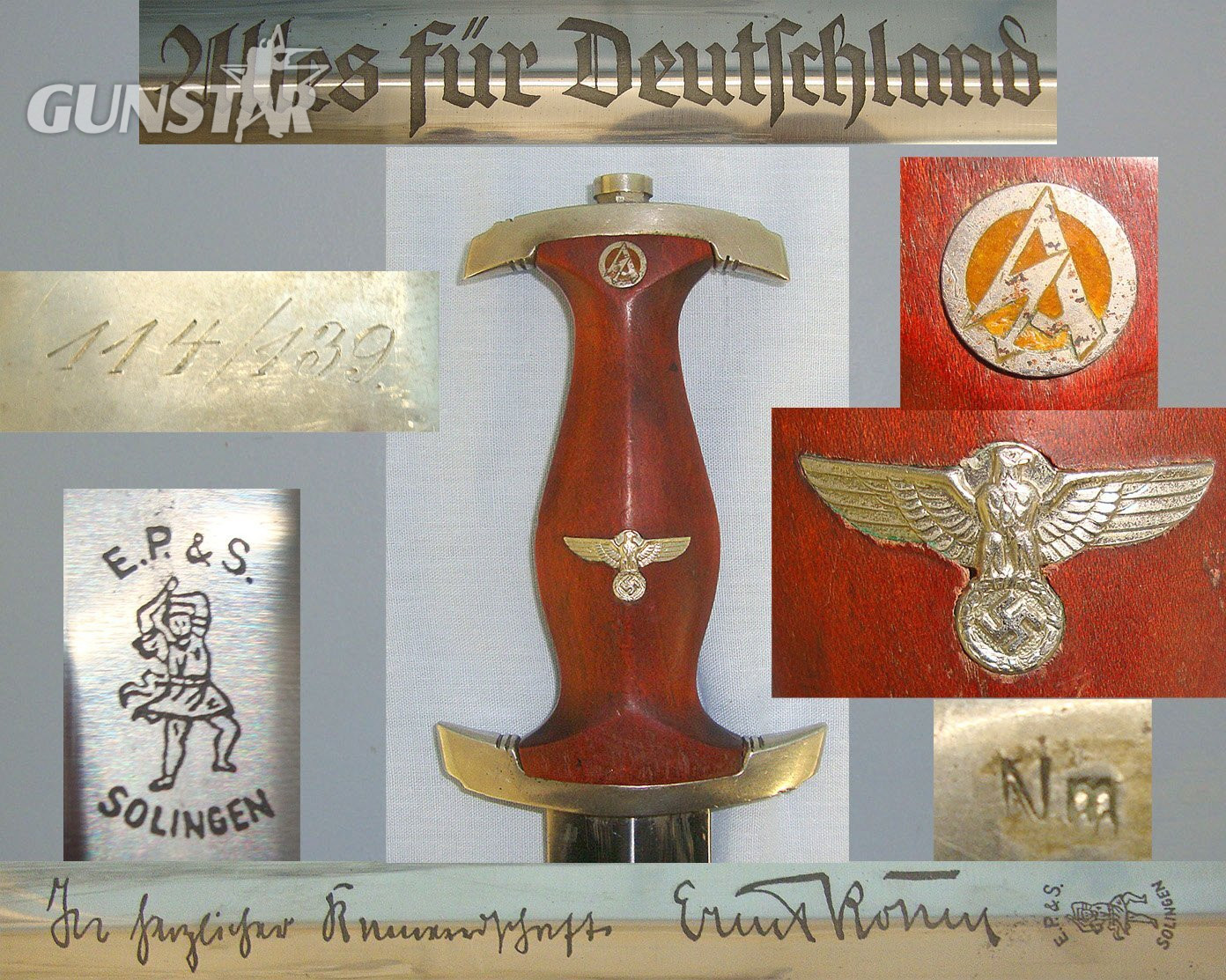 EXTREMELY RARE**FULL ROHM NAME & FRIENDSHIP MOTTO PRESENT**EARLY PRODUCTION**Nazi German 1933 Pattern SA Dagger By EP&S (Ernst Pack & Söhne) Solingen With Motto Etched Blade & Scabbard Inscribed 114/439. Sn 23257 Dagger