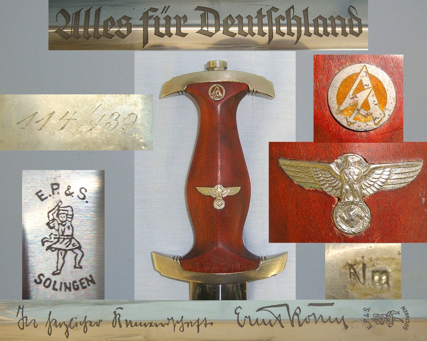 EXTREMELY RARE**FULL ROHM NAME & FRIENDSHIP MOTTO PRESENT**EARLY PRODUCTION**Nazi German 1933 Pattern SA Dagger By EP&S (Ernst Pack & Söhne) Solingen With Motto Etched Blade & Scabbard Inscribed 114/439. Sn 23257 Dagger