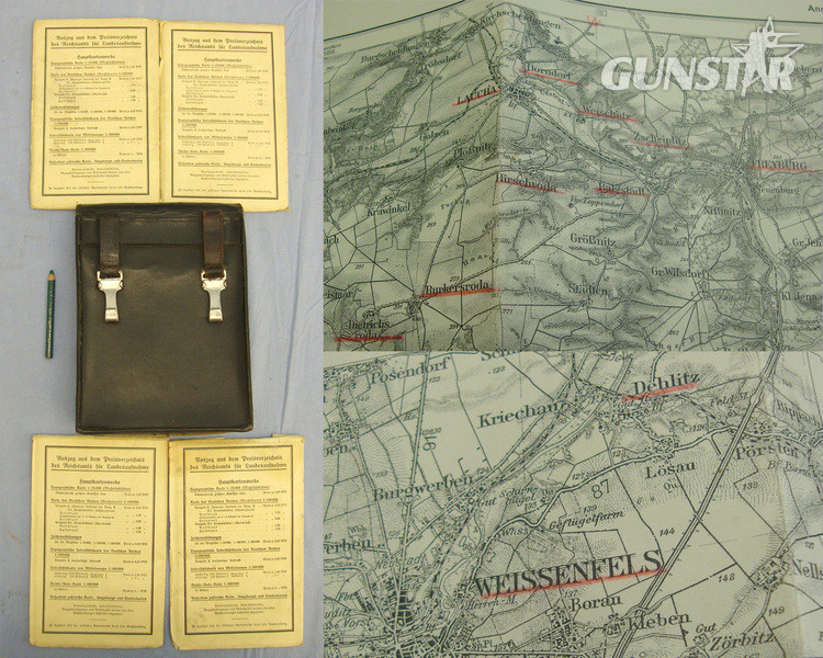  1935 Dated WW2 Era Nazi German NSKK Officers Quality Black Leather Map Case With RZM Marked Buckles & 4 Original Nazi 1:100000 Scale Maps Which Have Pencil Notations Underlining Towns & Possible Hitler Youth Camps All To Willy Mast Leipzige  Other Accessory