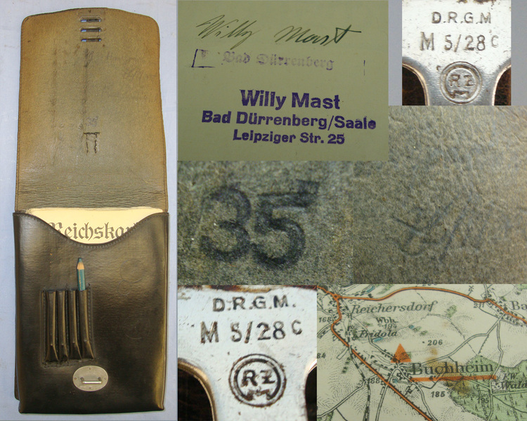 1935 Dated WW2 Era Nazi German NSKK Officers Quality Black Leather Map Case With RZM Marked Buckles & 4 Original Nazi 1:100000 Scale Maps Which Have Pencil Notations Underlining Towns & Possible Hitler Youth Camps All To Willy Mast Leipzige  Other Accessory