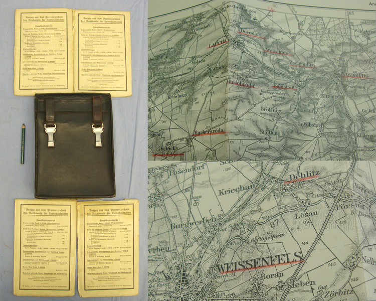  1935 Dated WW2 Era Nazi German NSKK Officers Quality Black Leather Map Case With RZM Marked Buckles & 4 Original Nazi 1:100000 Scale Maps Which Have Pencil Notations Underlining Towns & Possible Hitler Youth Camps All To Willy Mast Leipzige  Other Accessory