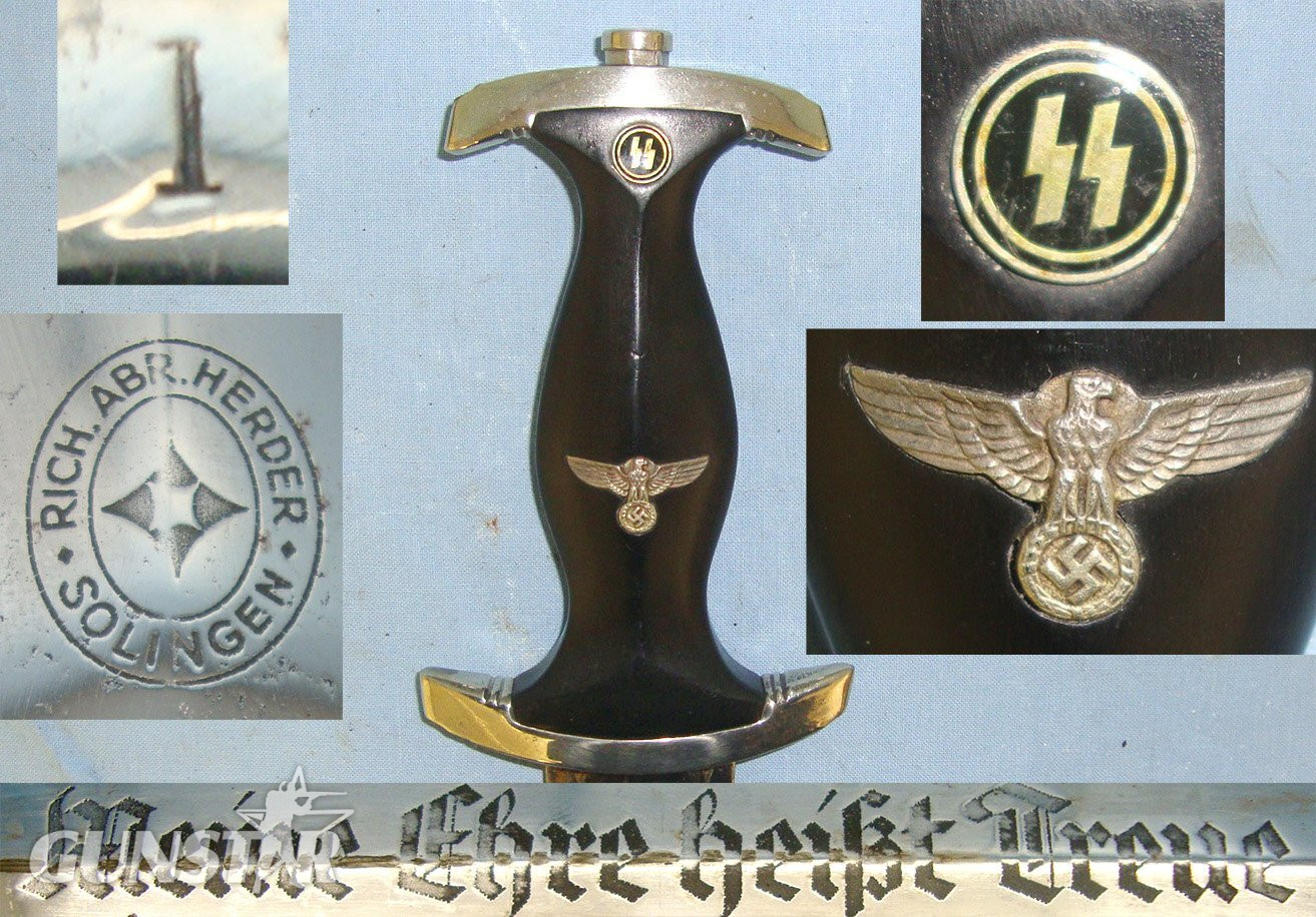 RARE****ORIGINAL**EARLY PRODUCTION**WW2 Era Nazi German Rich Abr. Herder, Solingen 1933 Pattern SS Man’s Dagger With SS Runes, Motto Etched Blade & Scabbard. Sn 22380 Dagger