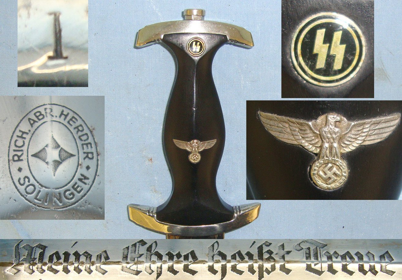RARE****ORIGINAL**EARLY PRODUCTION**WW2 Era Nazi German Rich Abr. Herder, Solingen 1933 Pattern SS Man’s Dagger With SS Runes, Motto Etched Blade & Scabbard. Sn 22380 Dagger