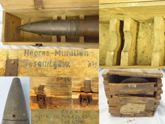  INERT DEACTIVATED. Rare Unfired German WW2 King Tiger 8.8cm (88 x 822R) High Explosive (HE) Round for the KwK43 Gun And the PaK43 Anti Tank Guns complete with its Original Wooden Transit Case. Sn - 22308 INERT DEACTIVATED. Rare Unfired German WW2 King Tiger 8.8cm (88 x 822R) High Explosive (HE) Round for the KwK43 Gun And the PaK43 Anti Tank Guns complete with its Original Wooden Transit Case. Sn - 22308  Other Ammunition