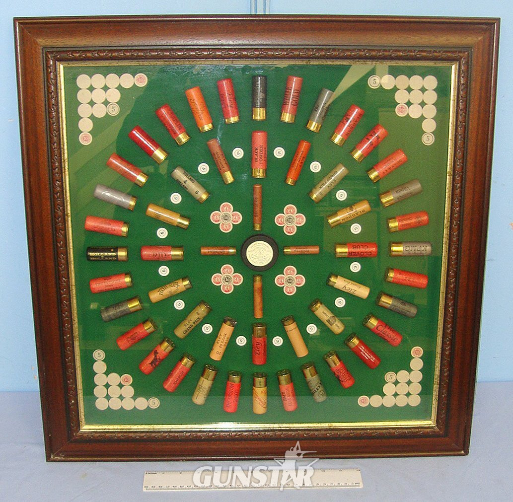 RARE**INERT DEACTIVATED**LARGE**Various Calibres & Makers Including Holland & Holland & Eley Sporting Shotgun Cartridge Glazed Display /  Bullet Board. Sn 23484:51 Various Cartridges in 