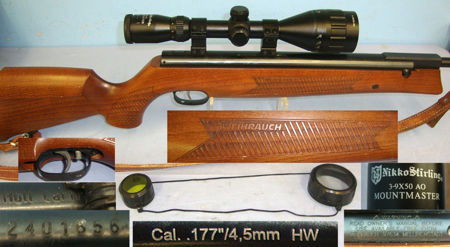 MINT**German Weihrauch HW80K Hull Cartridge Import .177 Calibre Break Action Hunting Air Rifle With Sound Moderator / Silencer & Nikko Stirling 3-9x50 AO Mountmaster Telescopic Sight & Sling. Sn 23484:81 air rifle .177