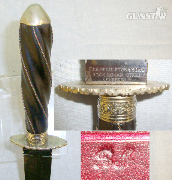 J.E. Middleton & Sons Sheffield Spear Point Bowie Knife With Unusual Turned Twist Form Faux Buffalo Horn Hilt With Copper Wire Binding & Ornate Brass Fittings Knive in 