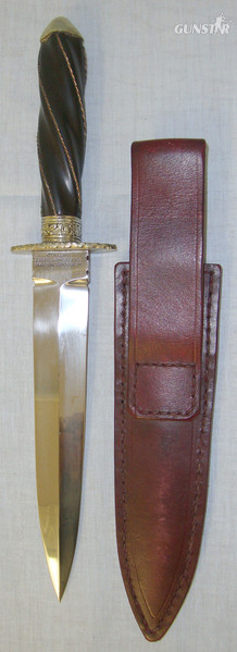 J.E. Middleton & Sons Sheffield Spear Point Bowie Knife With Unusual Turned Twist Form Faux Buffalo Horn Hilt With Copper Wire Binding & Ornate Brass Fittings Knive