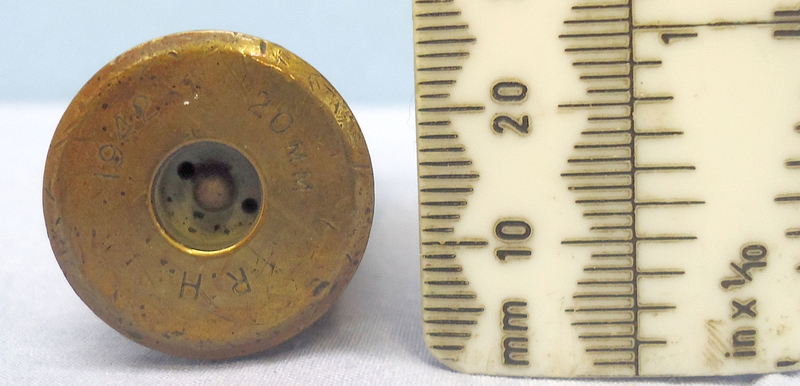 INERT. WW2, 1942 Dated, 20mm Hispano-Suiza (20x110) HS 404, Raleigh Cycles Production, Aircraft Cannon DRILL Round. - O 1869 INERT. WW2, 1942 Dated, 20mm Hispano-Suiza (20x110) HS 404, Raleigh Cycles Production, Aircraft Cannon DRILL Round. - O 1869  Other Ammunition