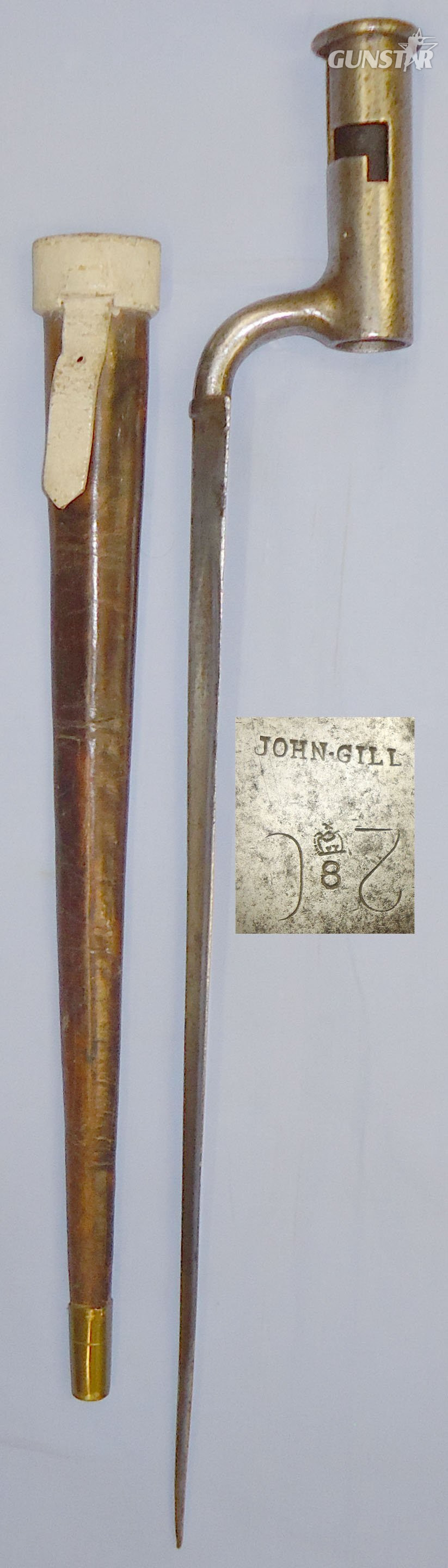Original c1802-1805* 4” Socket Bayonet for the Brown Bess Muzzle Loading Flintlock Muskets and Scabbard by Manufacturer John Gill. BAYO 629. Bayonet in 