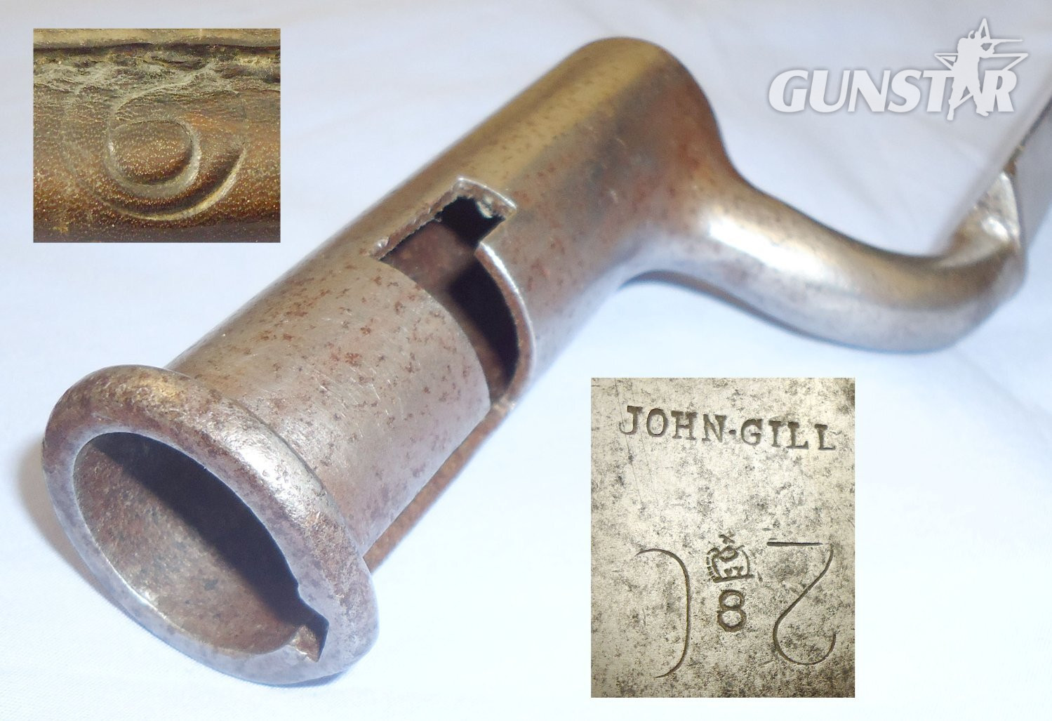 Original c1802-1805* 4” Socket Bayonet for the Brown Bess Muzzle Loading Flintlock Muskets and Scabbard by Manufacturer John Gill. BAYO 629. Bayonet