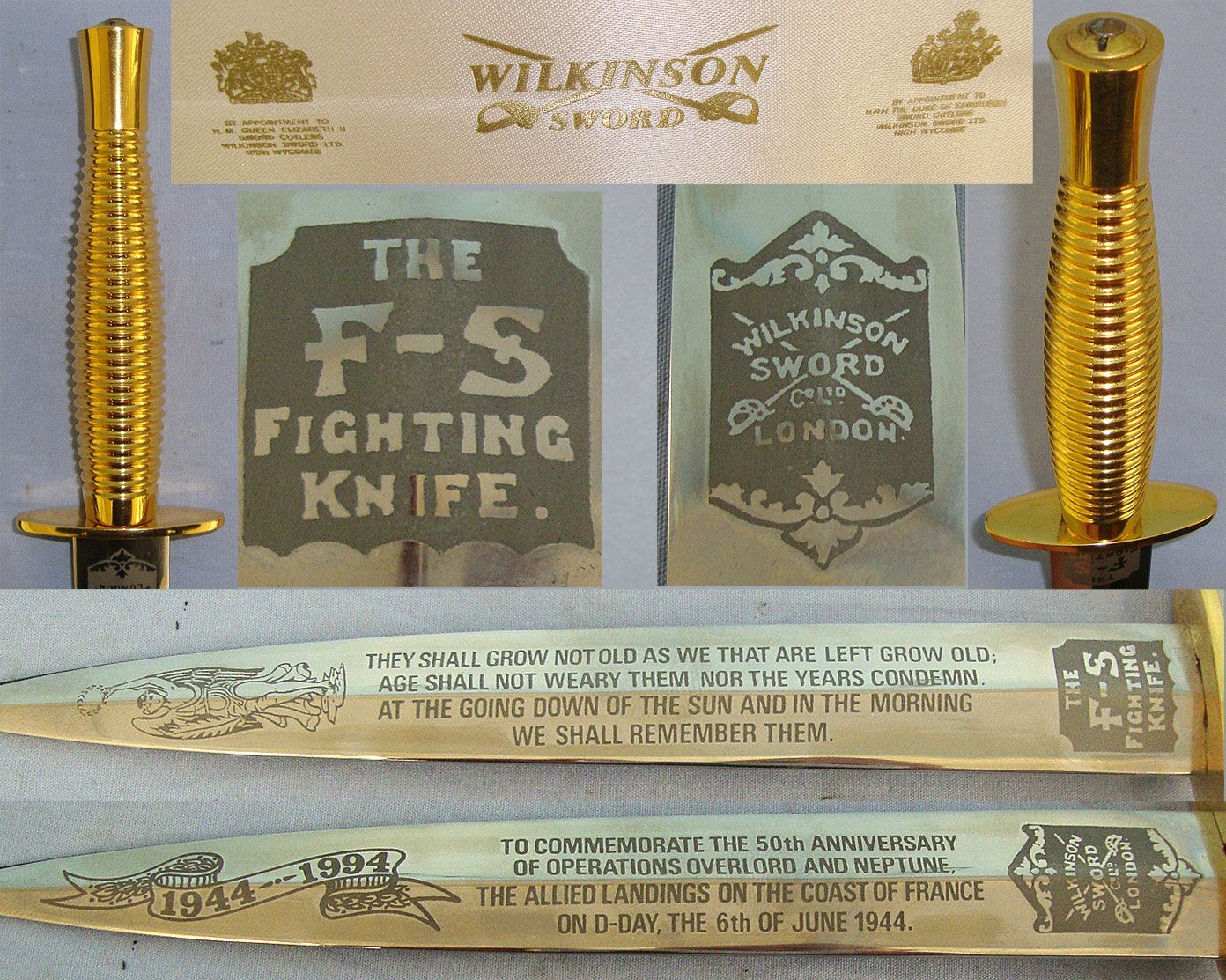 MINT**1994 Cased Wilkinson Sword WW2 50th Anniversary Commemorative ‘1944 - 1994 TO COMMEMORATE THE 50th ANNIVERSARY OF OPERATIONS OVERLORD AND NEPTUNE ON D-DAY 6th JUNE 1944’ Etched Blade FS 2nd Pattern FS Fighting Knife. Sn 23547 Knive