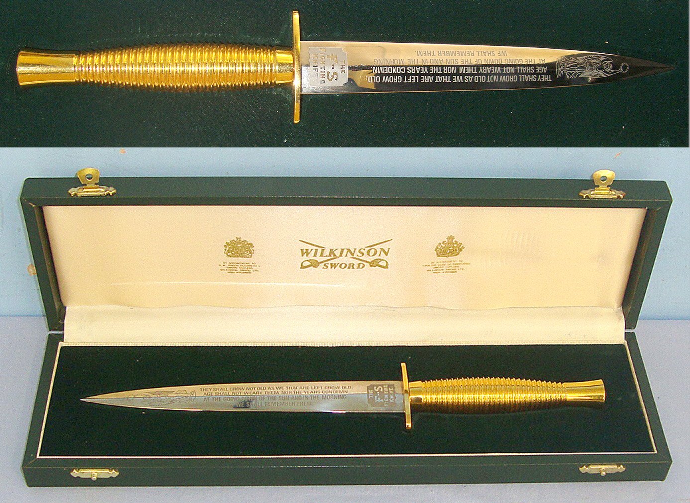  MINT**1994 Cased Wilkinson Sword WW2 50th Anniversary Commemorative ‘1944 - 1994 TO COMMEMORATE THE 50th ANNIVERSARY OF OPERATIONS OVERLORD AND NEPTUNE ON D-DAY 6th JUNE 1944’ Etched Blade FS 2nd Pattern FS Fighting Knife. Sn 23547 Knive