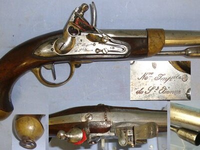 French Model 1822 St Etienne Arsenal Flintlock Cavalry Pistol With Regulation Brass Fittings & Iron Ram Rod With Powder Measure Cup Tip. Sn 23050 .70 Cal Muzzleloader Muzzleloader