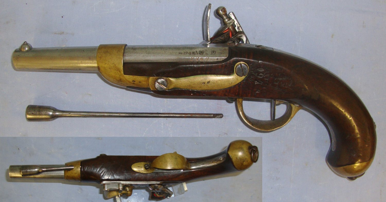 French Model 1822 St Etienne Arsenal Flintlock Cavalry Pistol  With Regulation Brass Fittings & Iron Ram Rod With Powder Measure Cup Tip. Sn 23050 .70 Cal Muzzleloader Muzzleloader