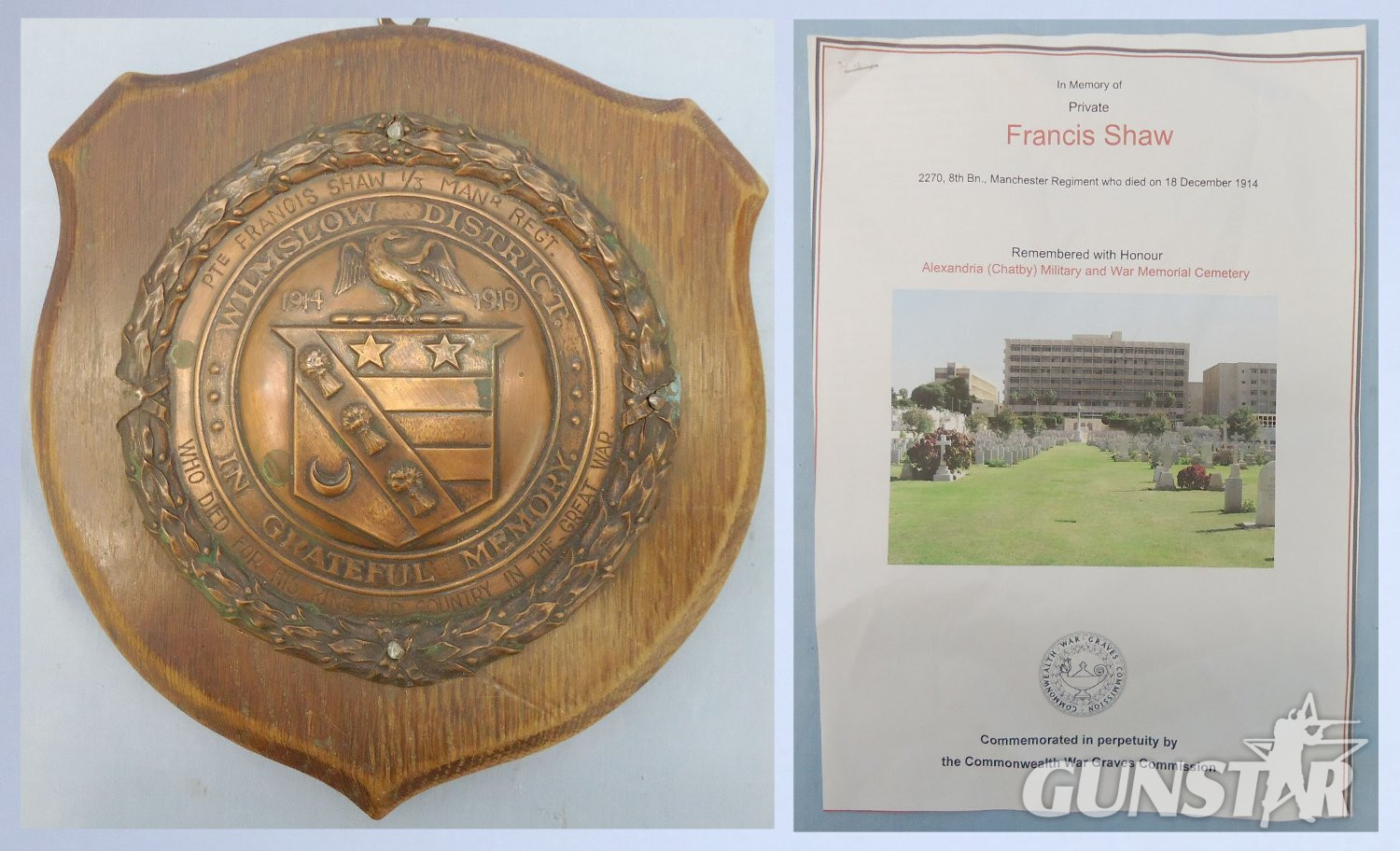 WWI Commemorative Plaque for a Private Francis Shaw of the 1/3 Manchester Regiment with Accompanying Literature from the Commonwealth War Graves Commission. 13788. WWI Commemorative Plaque for a Private Francis Shaw of the 1/3 Manchester Regiment with Accompanying Literature from the Commonwealth War Graves Commission. 13788. Antique & Militaria