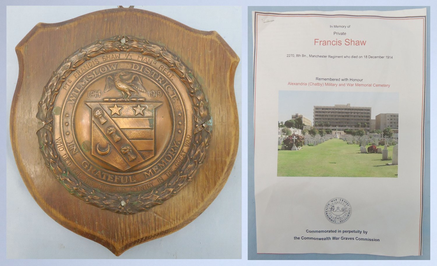 WWI Commemorative Plaque for a Private Francis Shaw of the 1/3 Manchester Regiment with Accompanying Literature from the Commonwealth War Graves Commission. 13788. WWI Commemorative Plaque for a Private Francis Shaw of the 1/3 Manchester Regiment with Accompanying Literature from the Commonwealth War Graves Commission. 13788. Antique & Militaria
