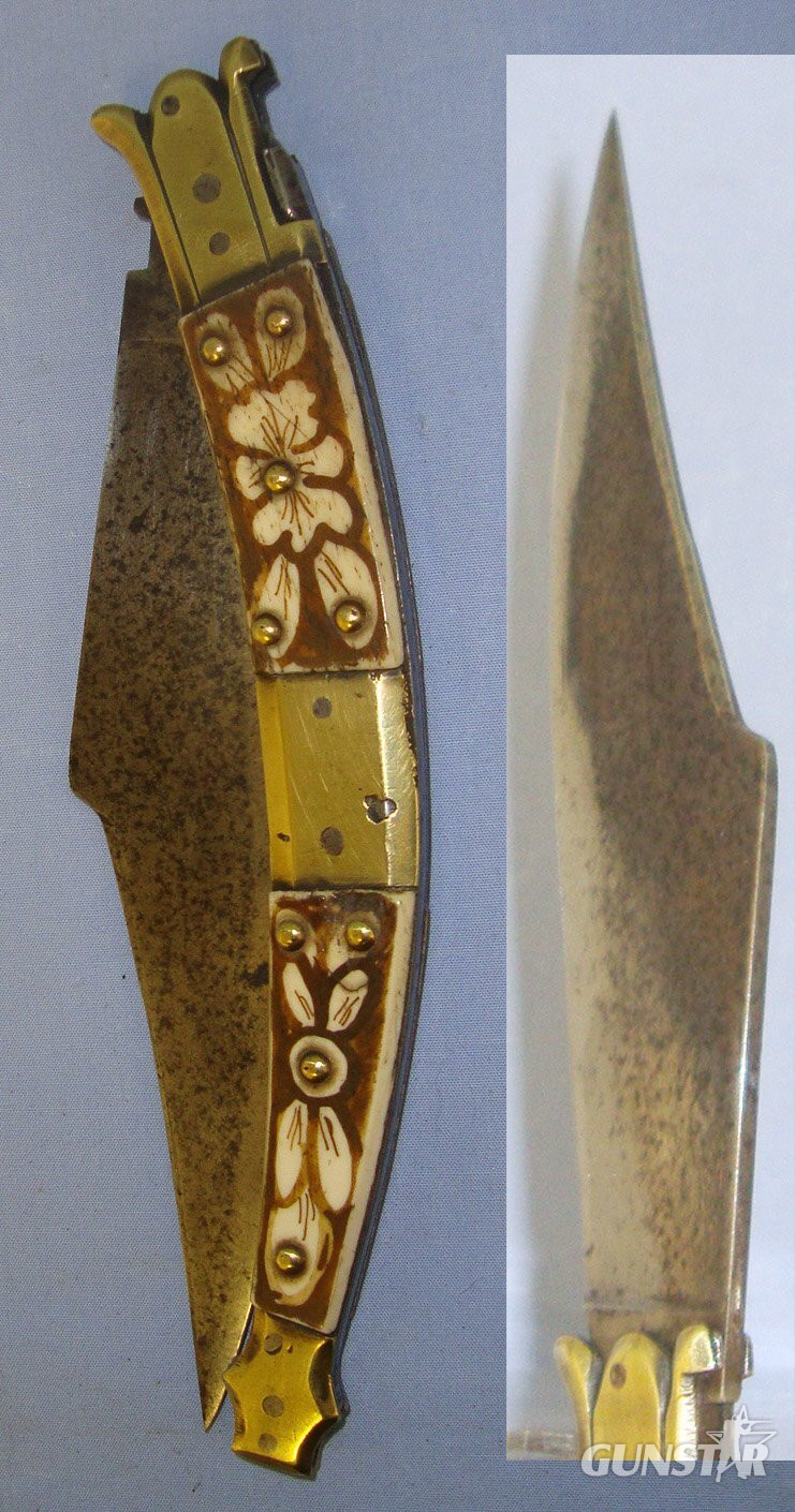  QUALITY**19th Century Spanish Navaja Folding Fighting / Utility Knife With Sharp Scimitar Form Blade, Polished Hand Decorated Horn & Brass Section Scales. Sn 21966:2 Knive