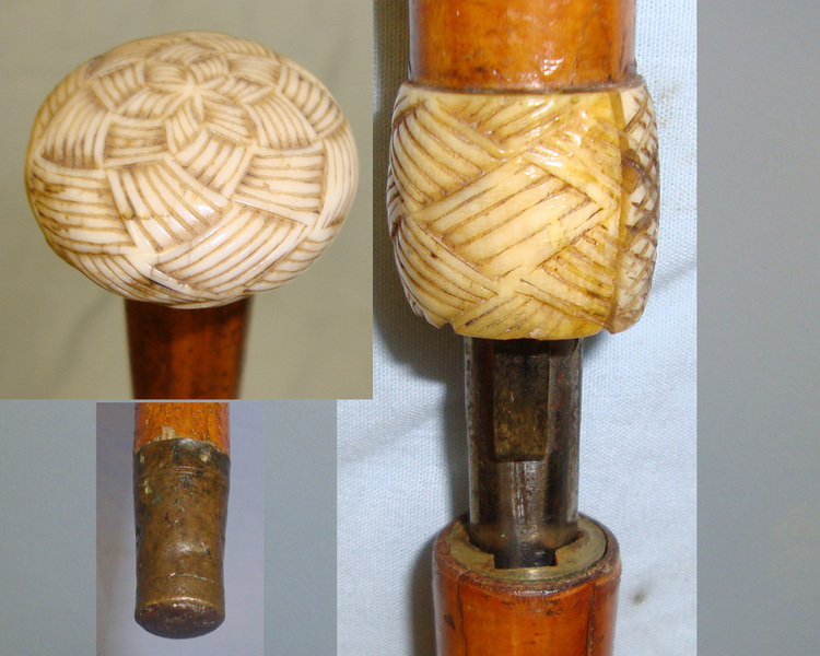 Victorian / Edwardian Gentleman’s Malacca Sword Stick With Diamond Section Blade & Hand Carved Antique Ivory Fittings Sword