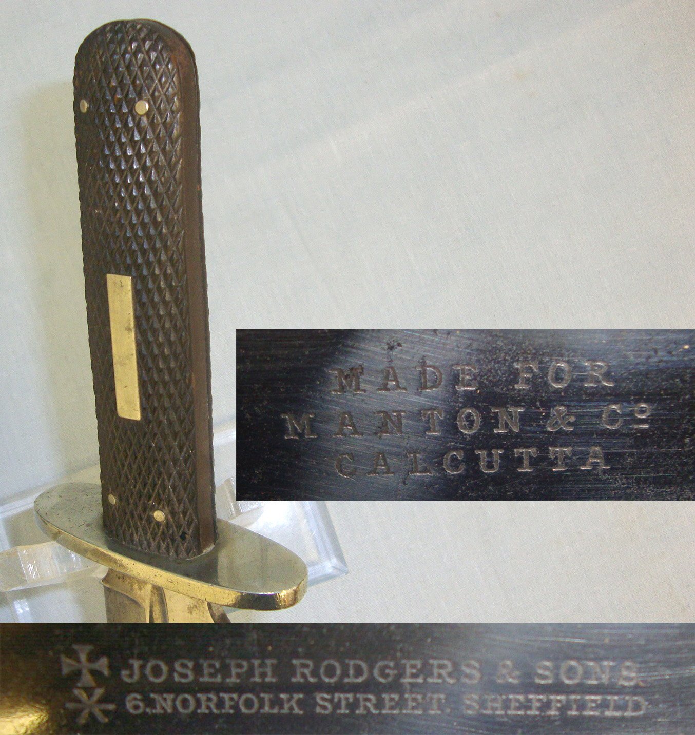 RARE**Victorian 1869-1874 Joseph Rodgers 6 Norfolk Street Sheffield Made For Manton & Co Calcutta Spear Point Bowie Knife With Chequered Horn Scales, German Silver Cross Guard & Leather Scabbard. Sn 19279 Knive