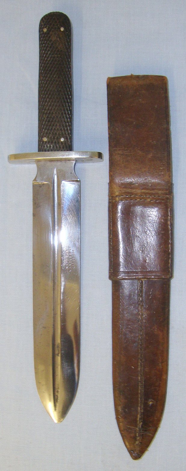  RARE**Victorian 1869-1874 Joseph Rodgers 6 Norfolk Street Sheffield Made For Manton & Co Calcutta Spear Point Bowie Knife With Chequered Horn Scales, German Silver Cross Guard & Leather Scabbard. Sn 19279 Knive