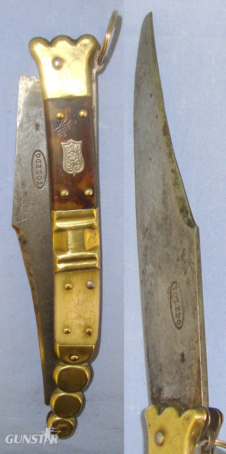  QUALITY**19th Century Spanish Toledo Steel Navaja Folding Fighting / Utility Knife With Sharp Scimitar Form Blade Marked ‘Toledo’, Hand Decorated Polished Horn & Brass Section Scales. Sn 21966:3 Knive
