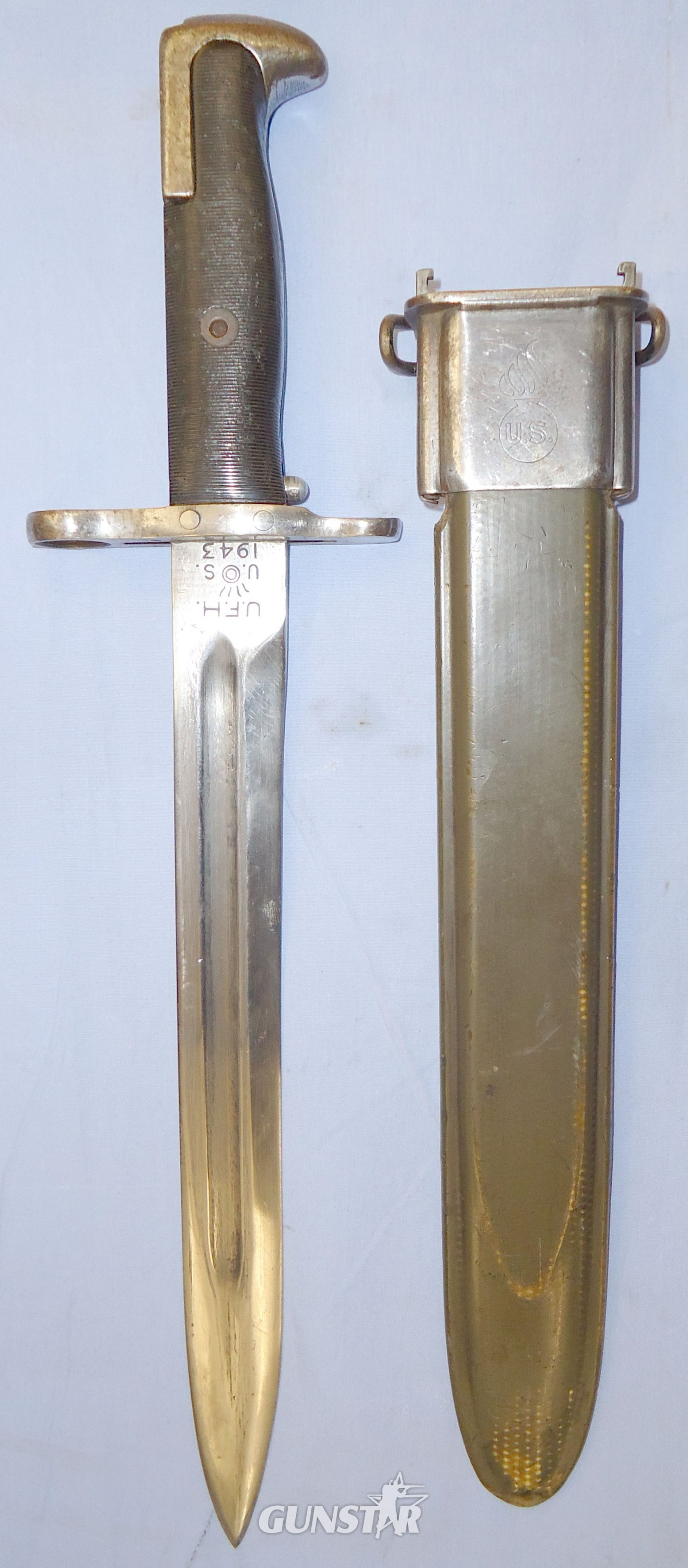 WWII Dated US Army UFH (Union Fork and Hoe Company) M1 Short Bayonet & Scabbard for the M1 Garand Rifle. BAYO 381. Bayonet in 