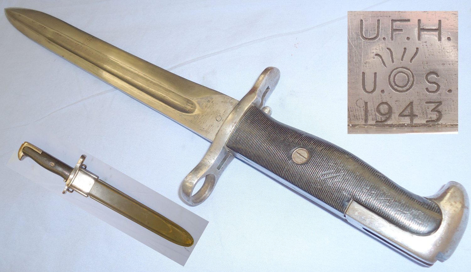 WWII Dated US Army UFH (Union Fork and Hoe Company) M1 Short Bayonet & Scabbard for the M1 Garand Rifle. BAYO 381. Bayonet