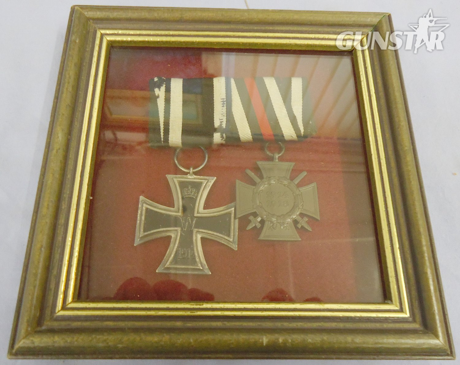 Framed Pair*WWI Iron Cross and Ribbon 2nd Class & Nazi 2nd Class War Merit Cross and Ribbon. N 126. Framed Pair*WWI Iron Cross and Ribbon 2nd Class & Nazi 2nd Class War Merit Cross and Ribbon. N 126.  Antique & Militaria