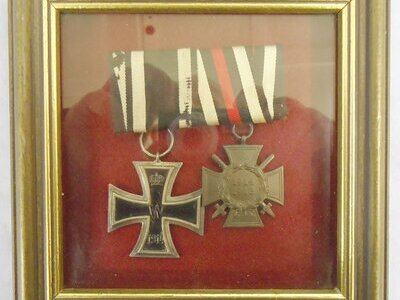 Framed Pair*WWI Iron Cross and Ribbon 2nd Class & Nazi 2nd Class War Merit Cross and Ribbon. N 126. Framed Pair*WWI Iron Cross and Ribbon 2nd Class & Nazi 2nd Class War Merit Cross and Ribbon. N 126.  Antique & Militaria