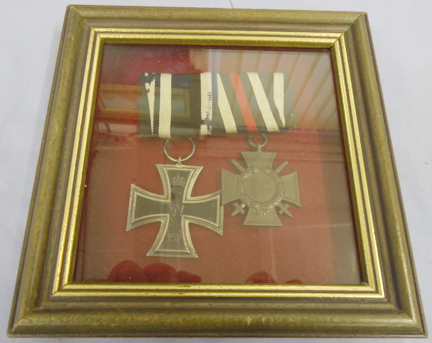 Framed Pair*WWI Iron Cross and Ribbon 2nd Class & Nazi 2nd Class War Merit Cross and Ribbon. N 126. Framed Pair*WWI Iron Cross and Ribbon 2nd Class & Nazi 2nd Class War Merit Cross and Ribbon. N 126.  Antique & Militaria